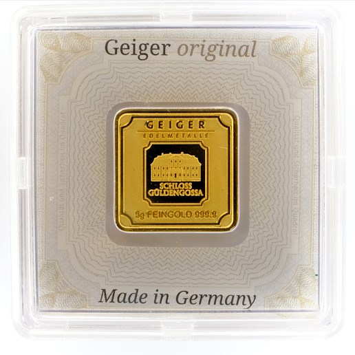.. - Zlatý ražený ingot 5 g, zlato 999,9/1000, zámek Guldengossa od švýcarské společnosti Geiger,