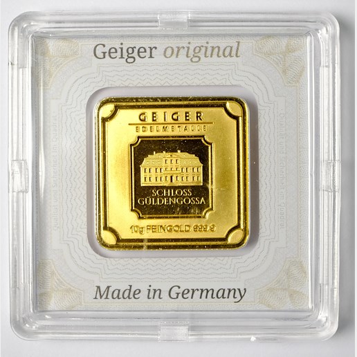 .. - Zlatý ražený ingot 10 g, zlato 999,9/1000, zámek Guldengossa od švýcarské společnosti Geiger