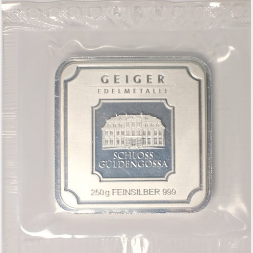 .. - Stříbrný ražený ingot 250 g, stříbro 999/1000, zámek Guldengossa od švýcarské společnosti Geiger