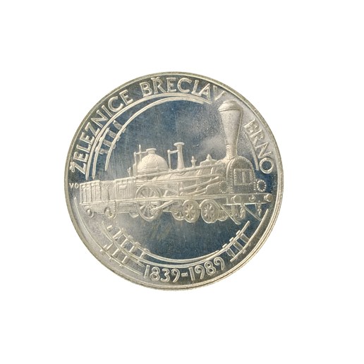 .. - Pamětní stříbrná mince vydaná ke 150 výročí Železnice Břeclav-Brno 1989 50 Kč, stříbro 500/1000, hrubá hmotnost 7 g