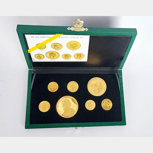 .. - SADA v etue pokračujících ražeb zlatých mincí Vídeňské mincovny 10, 20, 100 koruna, 1, 4 dukát, 4 a 8 zlatník, zlato 900/1000,  986/1000, hrubá hmotnost celkem 71,139 g