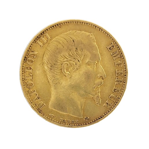.. - Francie zlatý 20 frank NAPOLEON III. 1857 A bez věnce, zlato 900/1000, hrubá hmotnost 6,45 g