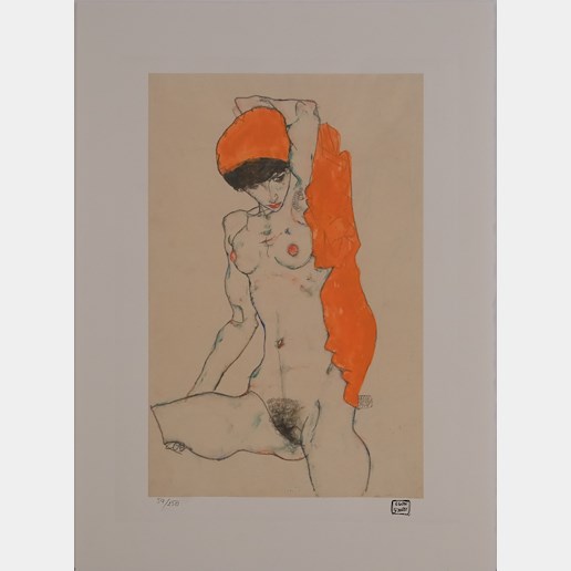 Egon Schiele - Standing Nude with Orengen Drapery