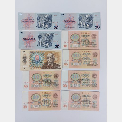 .. - Konvolut 10 bankovek  1x 10 Kčs , 3x 20 Kčs UNC POSTUPKA, 6x 10 rublů 1961 