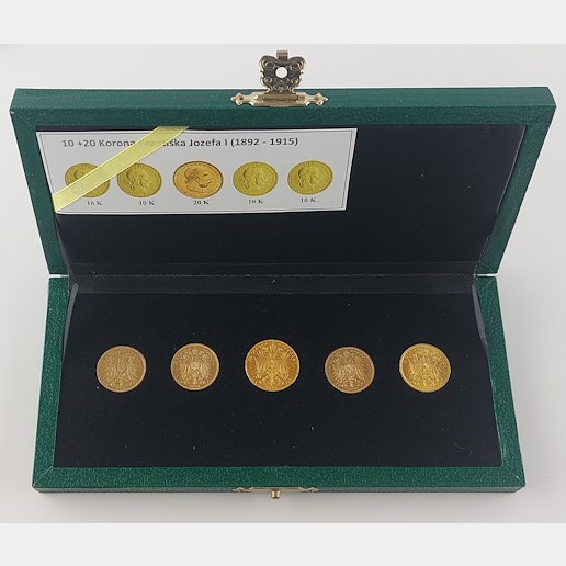 .. - SADA 5 mincí Rakousko Uhersko v etue zlaté mince 10 koruny rakouské 1896,1897, 1906, 1912 pokračující ražba plus 20 koruna 1915 pokračující ražba