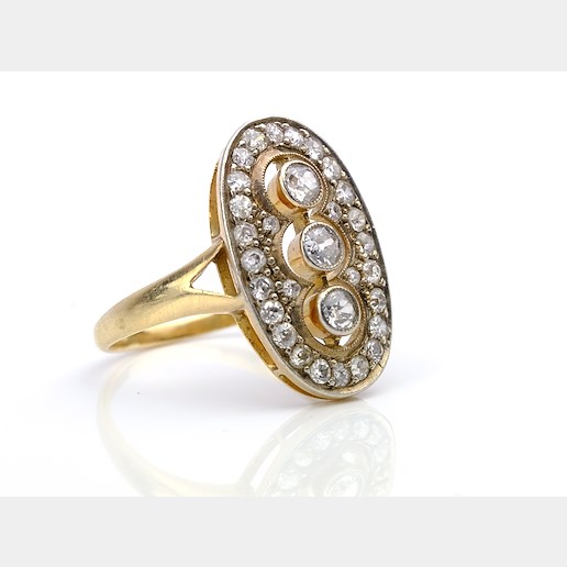 .. - Prsten s diamanty art deco, zlato 565/1000, hrubá hmotnost 4,45 g
