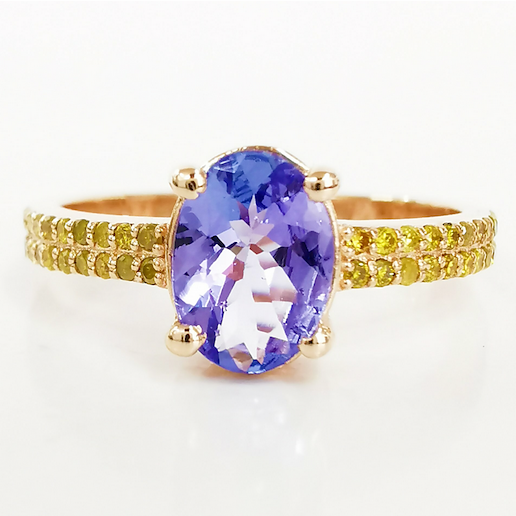 .. - Designový prsten s tanzanitem 1,00ct a 0,26 ct fancy colors diamanty, zlato 585/1000, značeno platnou puncovní značkou "labuť", hrubá hmotnost 2,50 g