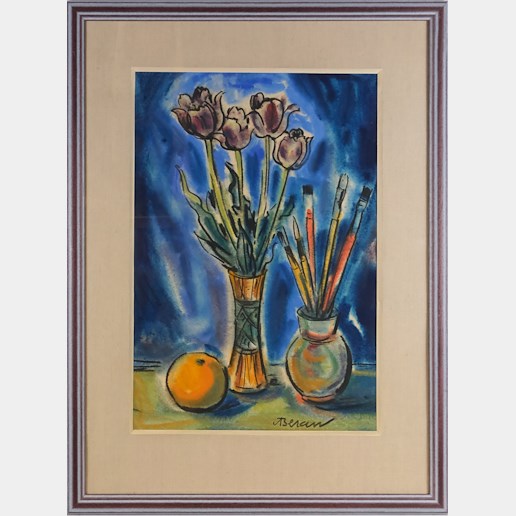 Aljo Beran - Zátiší s tulipány a malířskými štětci
