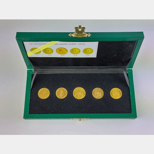 .. -  SADA 5 mincí Rakousko Uhersko v  etue  zlaté mince 10 koruny uherské 1894 a 1904 rakouské 1906, 1912 plus 20 koruna 1915 pokračující ražby