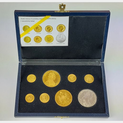 .. - Rakousko Uhersko komletní sada 8 mincí pokračujících ražeb Vídeňské mincovny 1 dukát 4 dukát 1915, 4 a 8 zlatník, 10, 20, 100 Koruny z dob FJI. a Levanský Tolar Marie Terezie 1780  