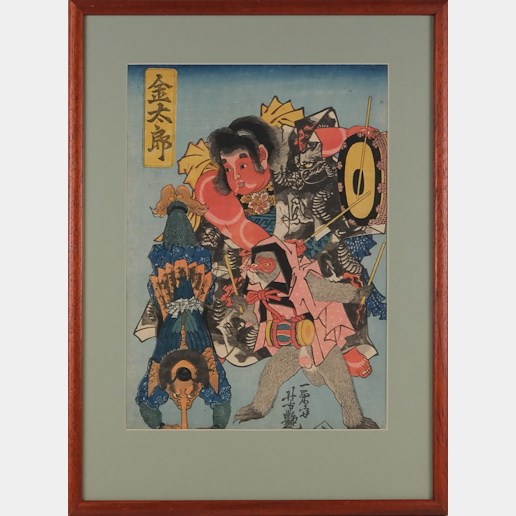 Utagawa Josicuja - Silák Kintaro s opicí bojuje s ptakopříšerou Tengú