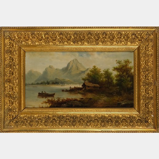 Evropský malíř po polovině 19. století - Rybáři na horském jezeře