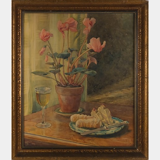Bedřich Hoser - Zátiší s květinou, zákuskem a vínem