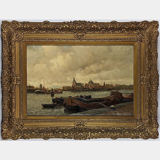 Geraldus Johannes Delfgaauw - Kotvící lodě s plochým dnem v holandském městě