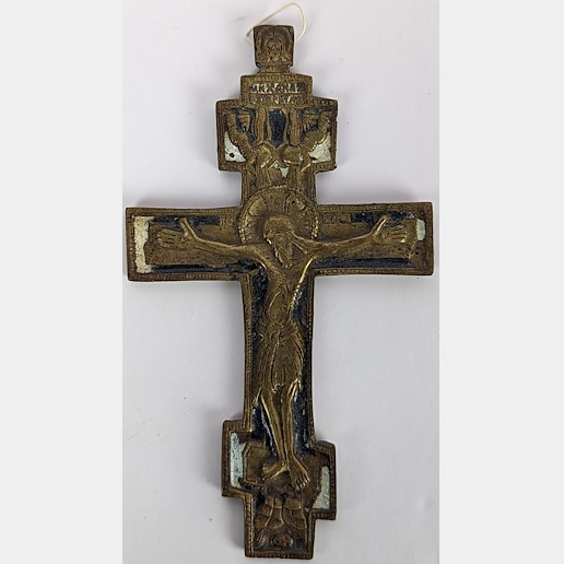 Rusko 19. stol. - Mosazný kříž s reliéfem Ukřižování