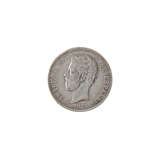 .. - Stříbro Španělsko 1871 5 Pesetas DEM. AMADEO I.