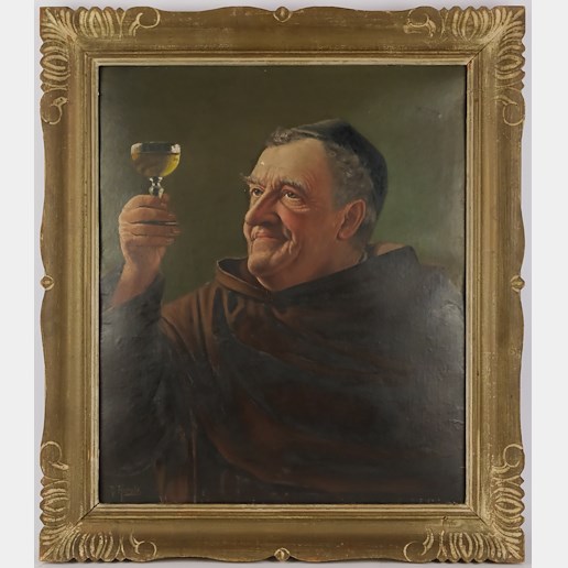 Rudolf Herold - Mnich s pohárem vína - Dobový řezaný rám