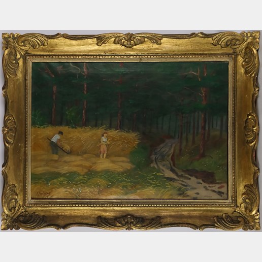 Alois Juříček - Polní práce na kraji lesa - Kvalitní ručně řezaný dřevěný rám