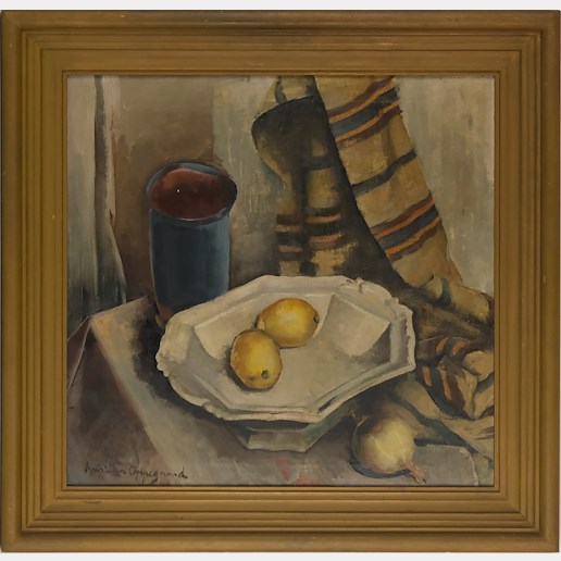 Kristian Oppegaard - Zátiší s citróny, cibulí a modrou nádobou
