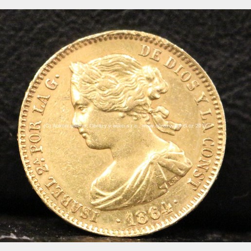 Zlatá mince - 100 Reales - Isabela II., 1864, Španělsko, ryzost: 900/1000, hmotnost: 8,35 g