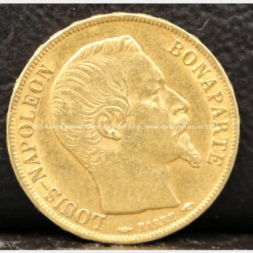 Zlatá mince - 20 Francs, Napoleon III., 1852, Francie, ryzost 900/1000, hmotnost: 6,45 g