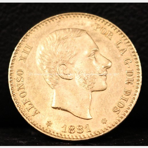 Zlatá mince - 25 pesetas - Alfonso XII., 1881, Španělsko, ryzost: 900/1000, hmotnost: 8,05 g