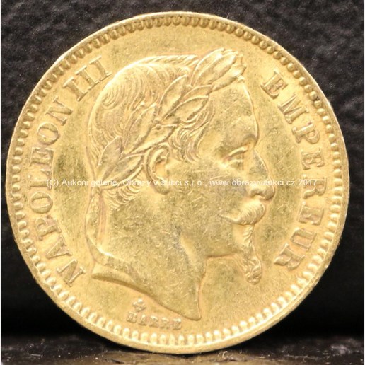 Zlatá mince - 20 Francs, Napoleon III., 1864, Francie, ryzost: 900/1000, hmotnost 6,42 g