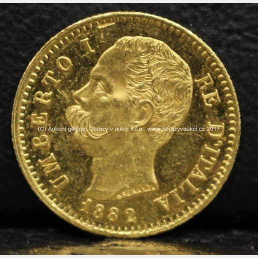 Zlatá mince - 20 Lire, Umberto I., 1882, Itálie, ryzost 900/1000, celková hmotnost 6,44 g