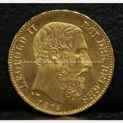 Zlatá mince - 20 Francs, Léopold II., 1875, Belgie, ryzost: 900/1000, hmotnost 6,44 g