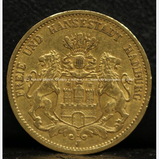 Zlatá mince - 20 Mark, Freie und Hansestadt, Hamburg, 1878, Svobodné Hanzovní město Hamburk, ryzost 900/1000, hmotnost: 7,92 g