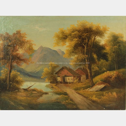 středoevropský malíř konce 19. stol. - Chalupa u jezera pod horskými štíty