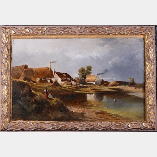 středoevropský malíř konce 19. stol. - U rybníka za vesnicí