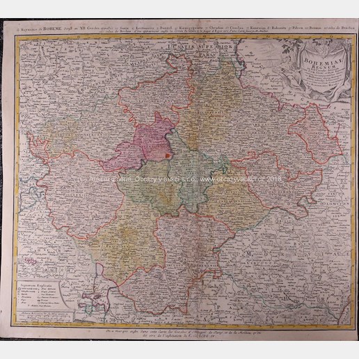 . - Mapa českého království se 12-ti vyznačenými okresy + Kladské hrabství