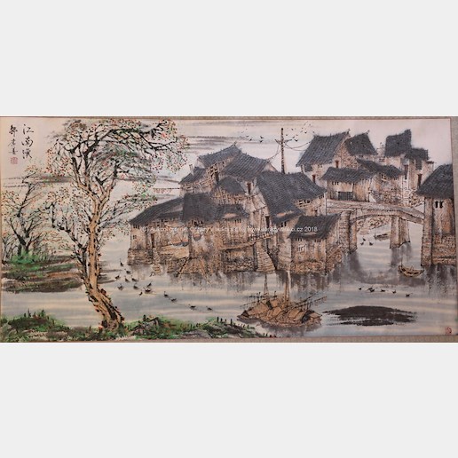 japonský malíř - Vesnice na jezeře