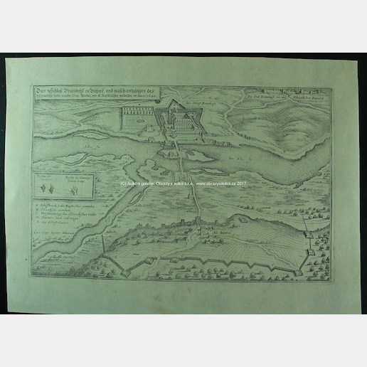 Kaspar Merian - Mapa: Zámek Brandýs n. Labem obléhám Švédy v r. 1640