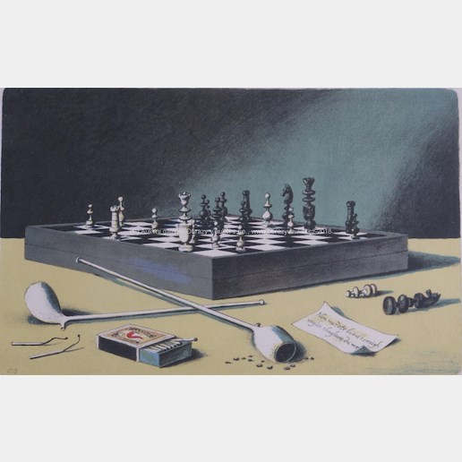 Cyril Bouda - Zátiší s dýmkami a šachy
