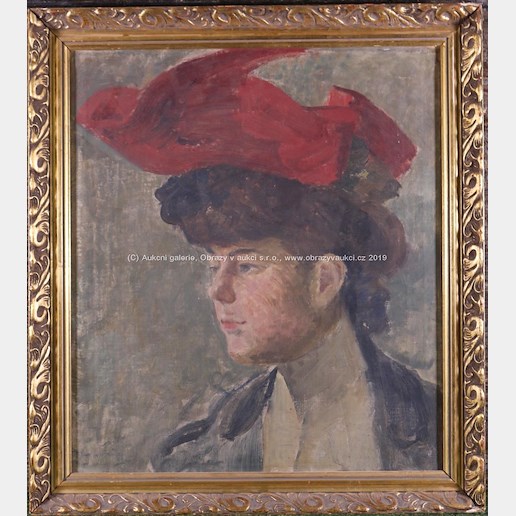 nesignováno - Portrét ženy červeném kloboučku