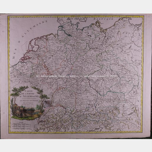 Robert de Vaugondy - Mapa poštovních cest v Německém císařství včetně Českého království