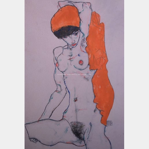 Egon Schiele - Stojící akt s oranžovou drapérií