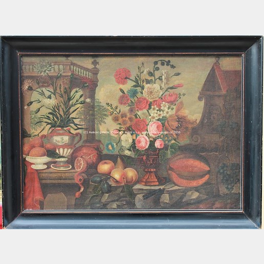 středoevropský malíř 19. stol. - Zátiší s květinami a ovocem