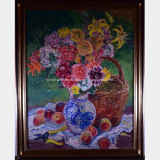 Alena Čermáková - Zátiši s květinou, ovocem a košíkem