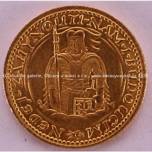 . - Zlatá mince Svatý Václav Jednodukát Československý 1924, Au 986/000, hmotnost 3,49g.