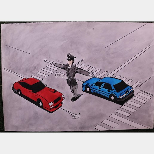 Kája Saudek - Červené a modré auto na křižovatce