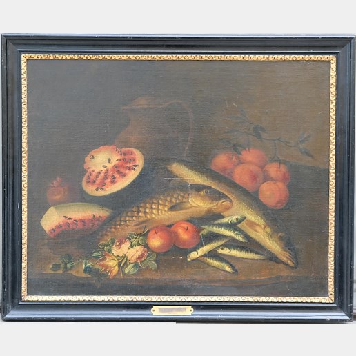 V předu štítek Werner Tamm (Konec 17. století) - Zátiší s ovocem a rybami