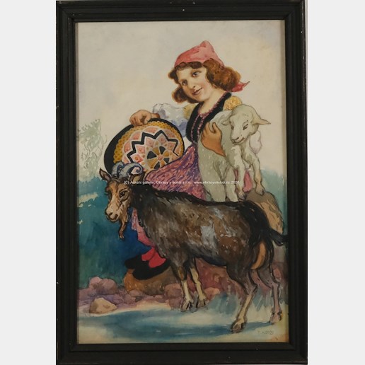 T. Kroj - Dívka s jehňátkem a kozou