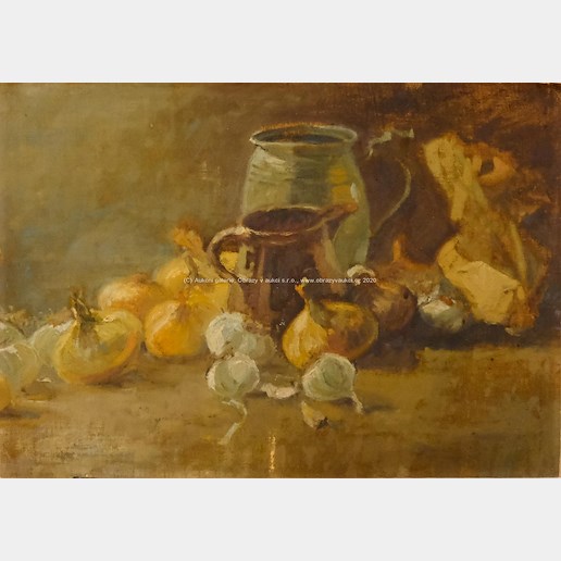 český malíř přelomu 19. a 20. století - Zátiší s cibulí a česnekem