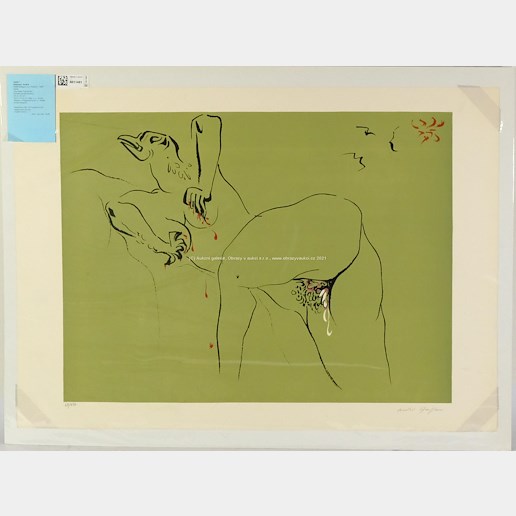 André Masson - Ženský akt s ptačí hlavou na zeleném pozadí