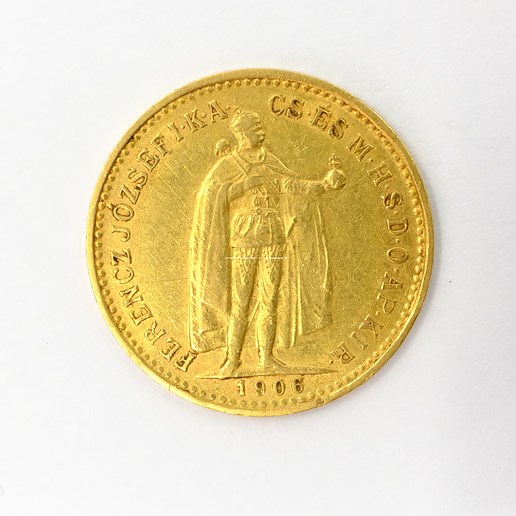 .. - Rakousko Uhersko zlatá 10 Koruna 1906 K.B.  uherská. Zlato 900/1000, hrubá hmotnost mince 3,387g