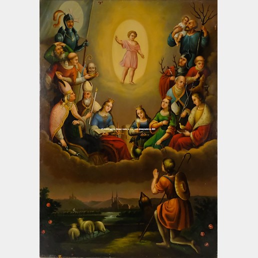 středoevropský malíř 19. století - Zjevení Čtrnácti svatých pomocníků s malým Ježíškem