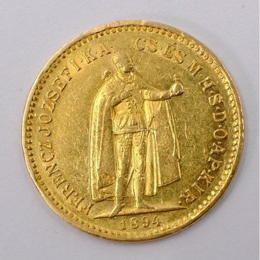 .. - Rakousko Uhersko zlatá 10 Koruna 1894 K.B.  uherská. Zlato 900/1000, hrubá hmotnost mince 3,387g,